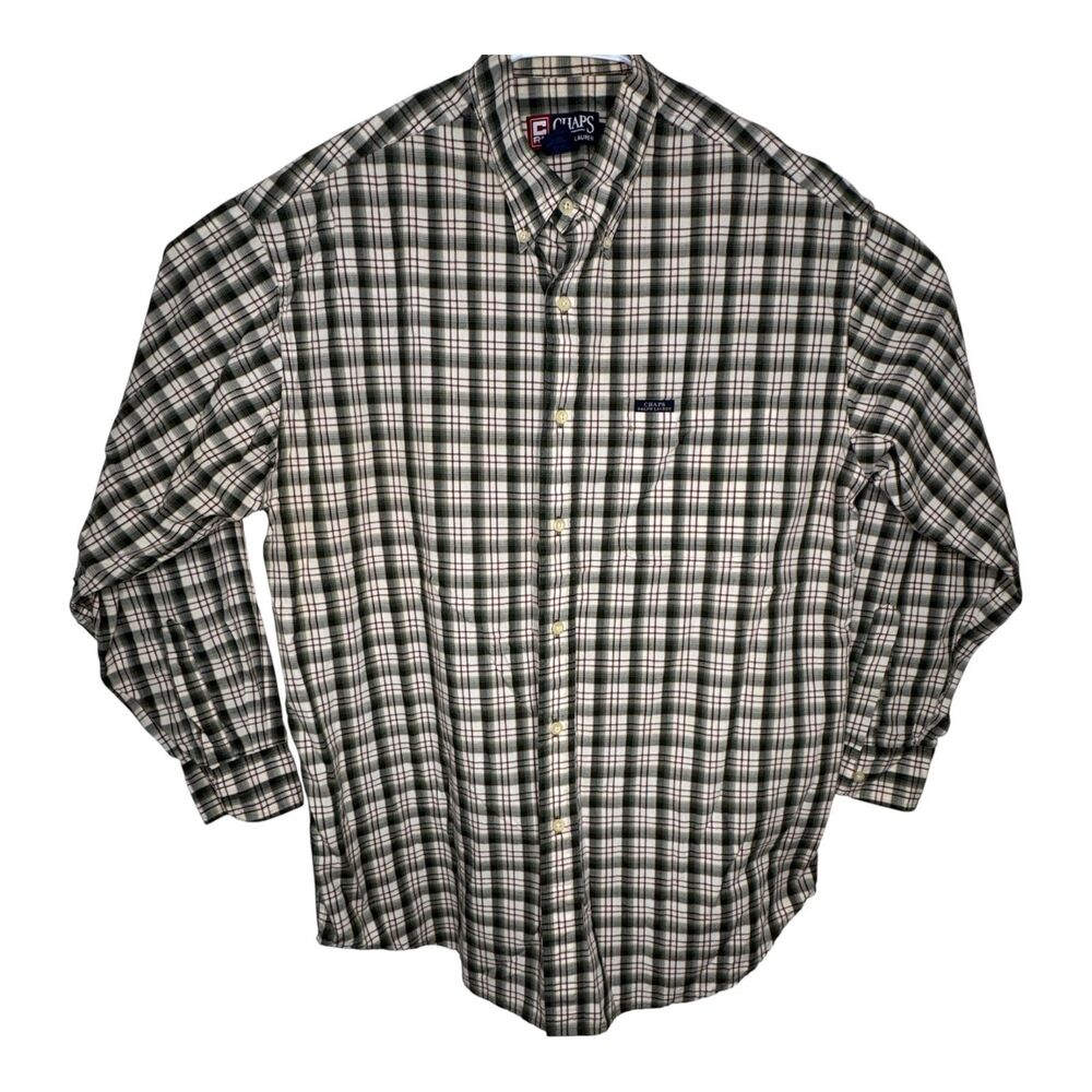 VTG Chaps Ralph Lauren Plaid Button Down Shirt Men's Large Tan Green Cream Brown